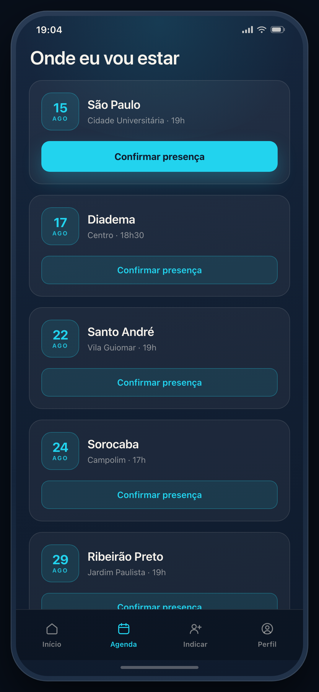 Tela de agenda do aplicativo dos jovens, com as cidades e datas da rota.