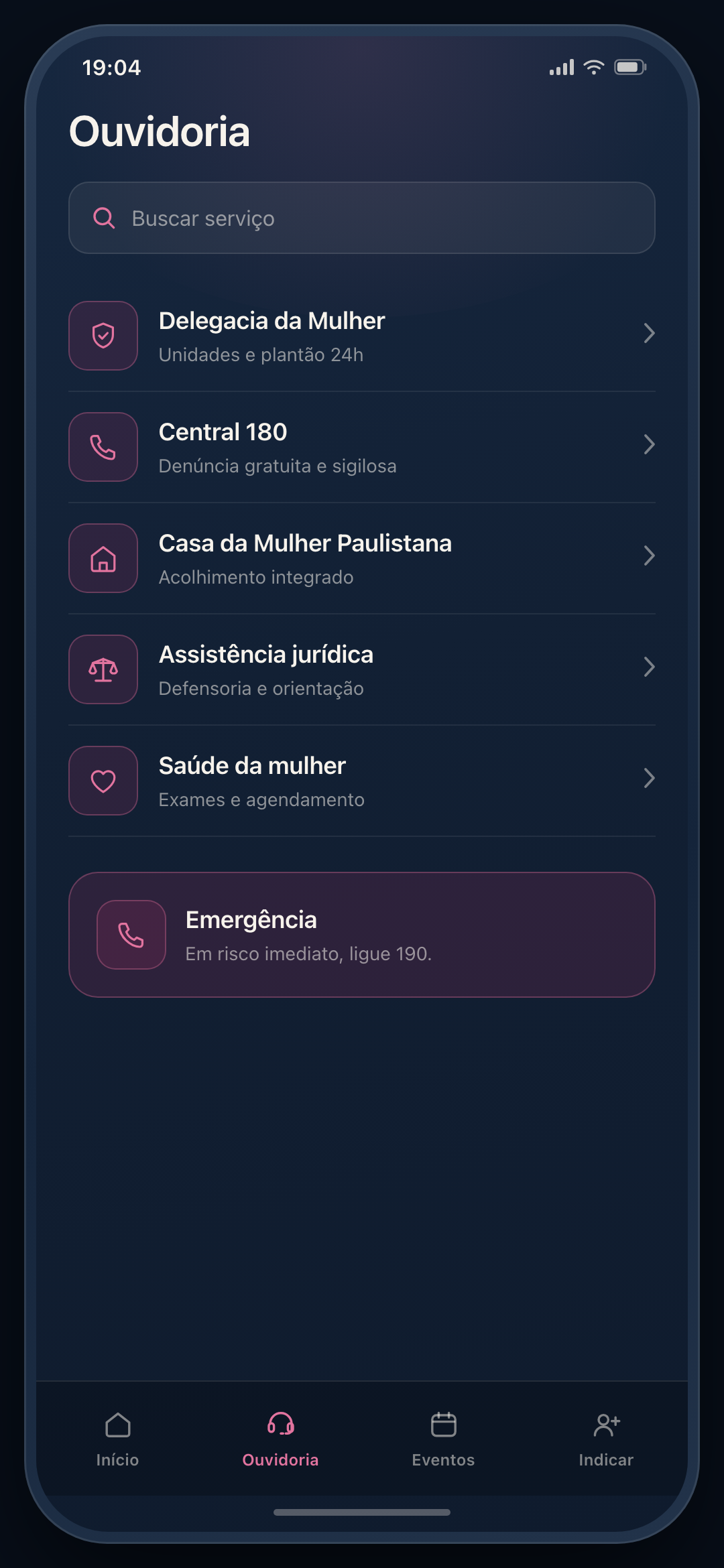 Tela da central de ouvidoria do aplicativo das mulheres, com utilidades públicas e canais de atendimento como a delegacia da mulher.