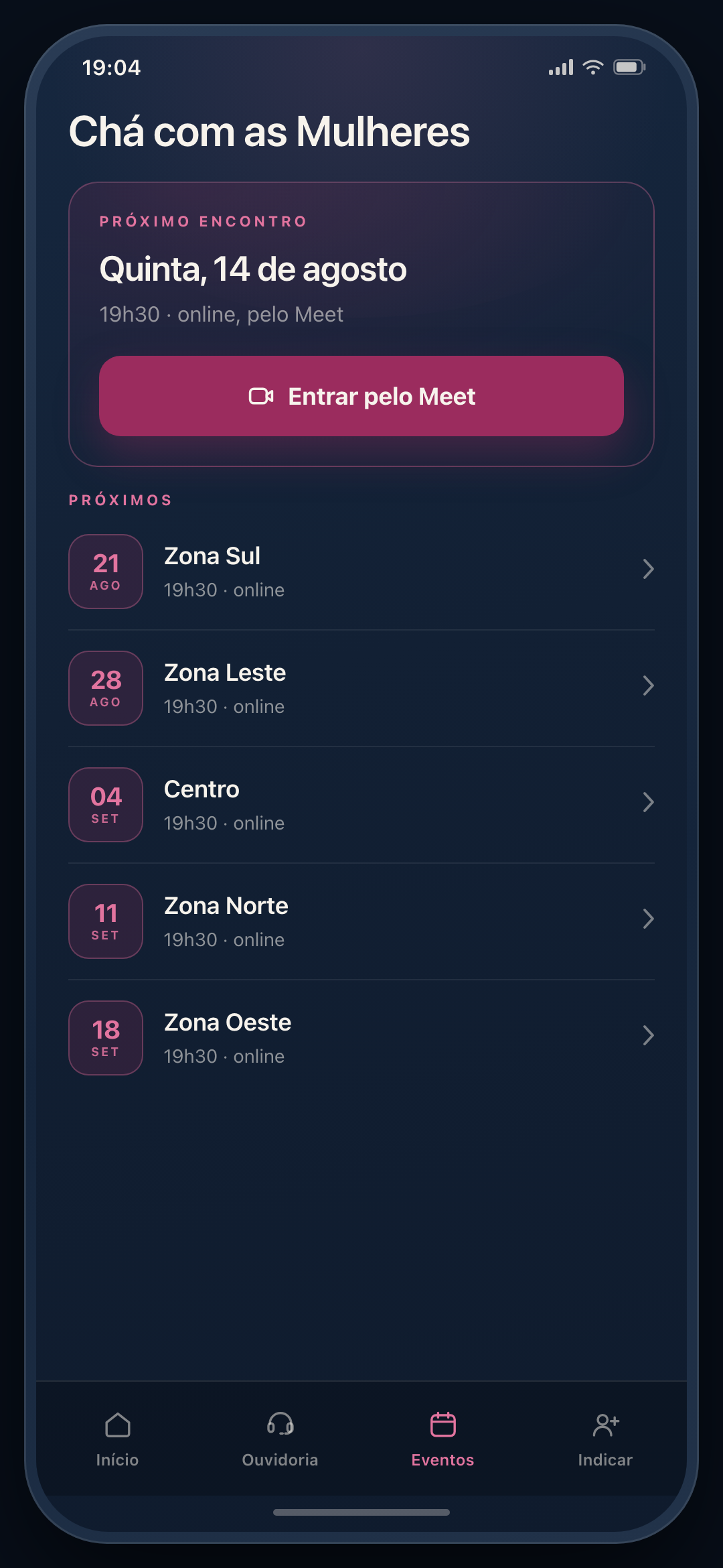 Tela de eventos do aplicativo das mulheres, com a agenda do Chá com as Mulheres e o link de acesso ao encontro on-line.